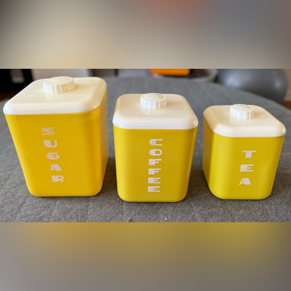 1950s MCM Lustro Ware Yellow Plastic Canister Set with Lids (Sugar Coffee Tea)